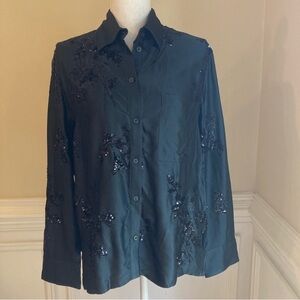 ZARA Black Silky Faux Silk Floral Sequin Embellished Button Down Shirt